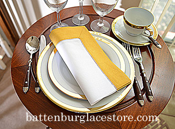 White Hemstitch Dinner Napkin with Honey Gold color border